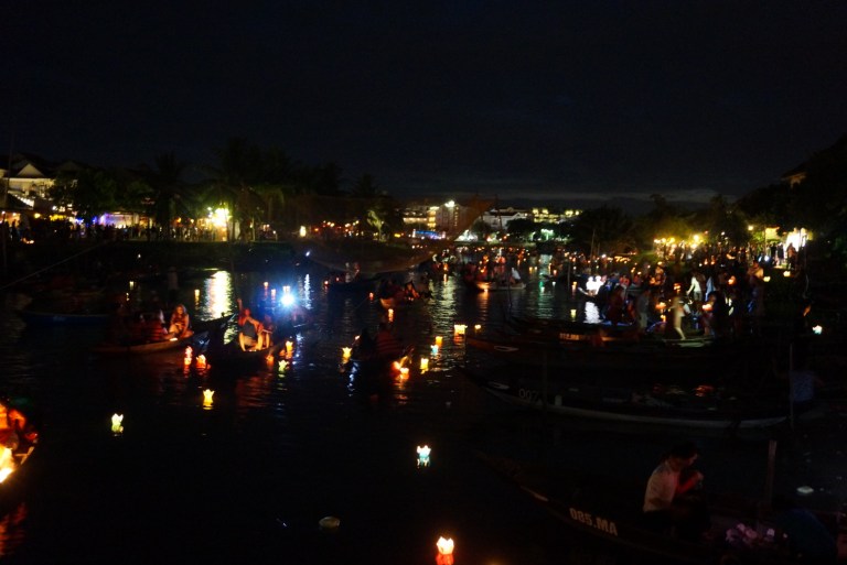 Lanterns floating in the river.